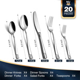 KINGSTONE Flatware Set, 20-Piece Luxury Silverware Set for 4, 18/10 Stainless Steel Cutlery Utensils Sets with European Design, Pure Hand Mirror Polished, Perfect for Family & Parties, Dishwasher Safe